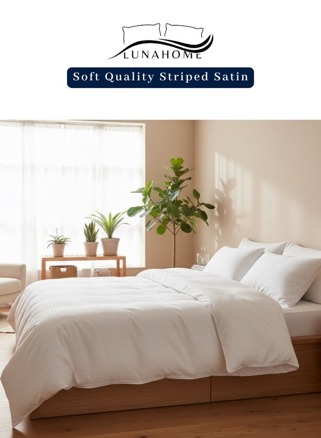 LUNA Home Satin Stripped King Size 6 Pieces (1 Duvet cover - 220*240cm. 1 Elastic Fitted sheet (On corners Only elastic) - 200*200cm+30cm. 4 Pillow cases - 50*75cm.). Soft Bedding Set without filling, White Color. - Image 1